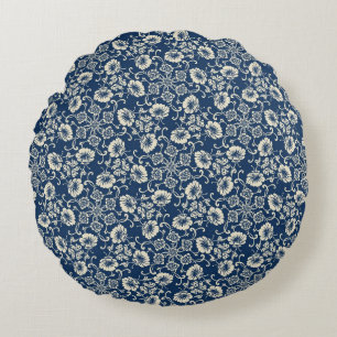 Medieval Blue Floral Design Round Pillow
