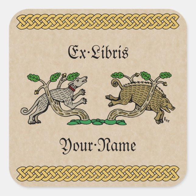 Medieval Boar Hunt Bookplate Square Sticker (Front)