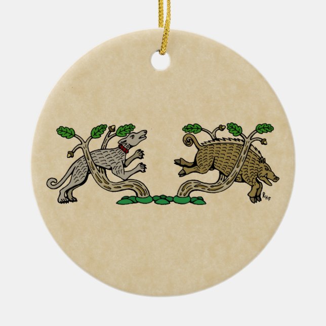 Medieval Boar Hunt Ceramic Ornament (Front)