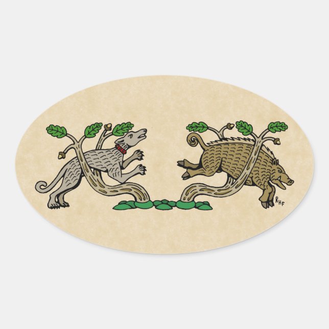 Medieval Boar Hunt Oval Sticker (Front)