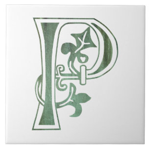 Medieval Botanical Decorative Capital P Tile