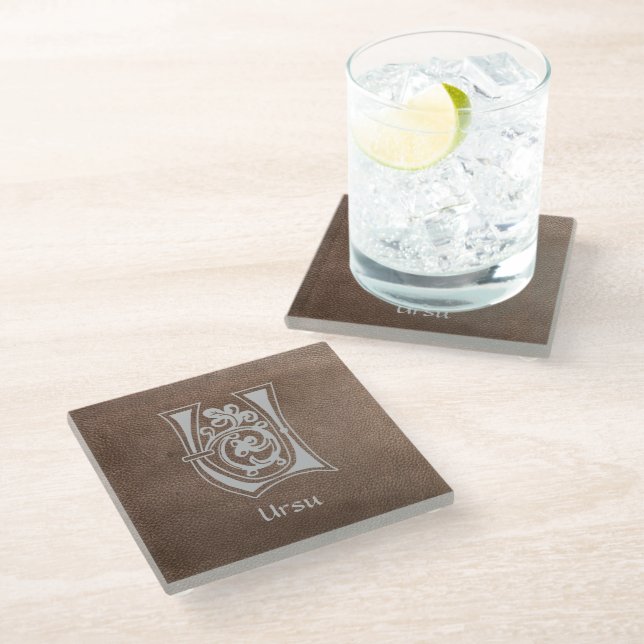 Medieval Botanical Decorative Capital U Glass Coaster (Angled)