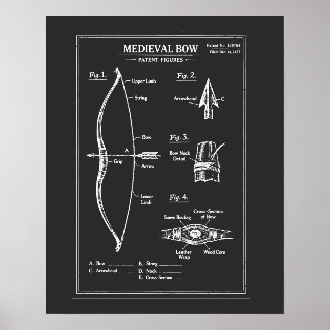 Medieval Bow Blueprint Illustration Poster (Front)