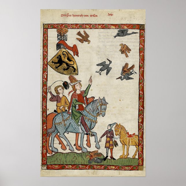 Médiéval Boys à cheval avec oiseaux Poster Imprime (Devant)