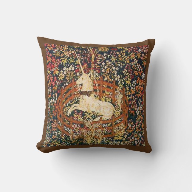 Medieval captive unicorn tapestry throw pillow (Front)