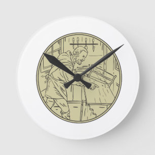 Medieval Carpenter Sawing Wood Circle Retro Round Clock