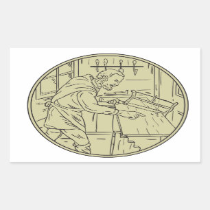 Medieval Carpenter Sawing Wood Circle Retro Sticker