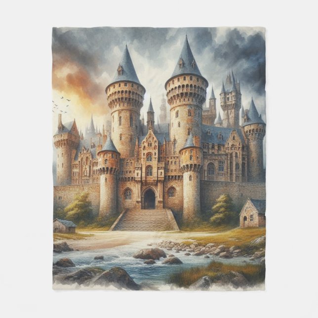 Medieval Castle at Sunset with Atmospheric Skies Fleece Blanket (Front)