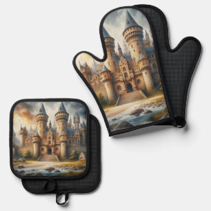 Medieval Castle at Sunset with Atmospheric Skies Oven Mitt & Pot Holder Set
