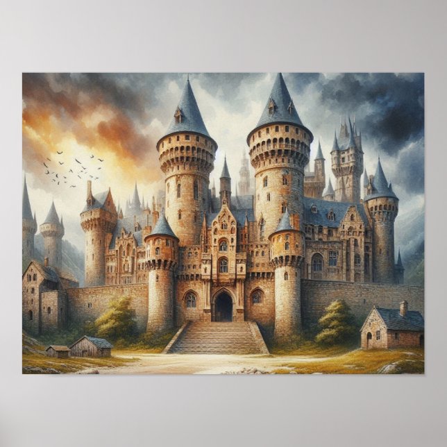 Medieval Castle at Sunset with Atmospheric Skies Poster (Front)