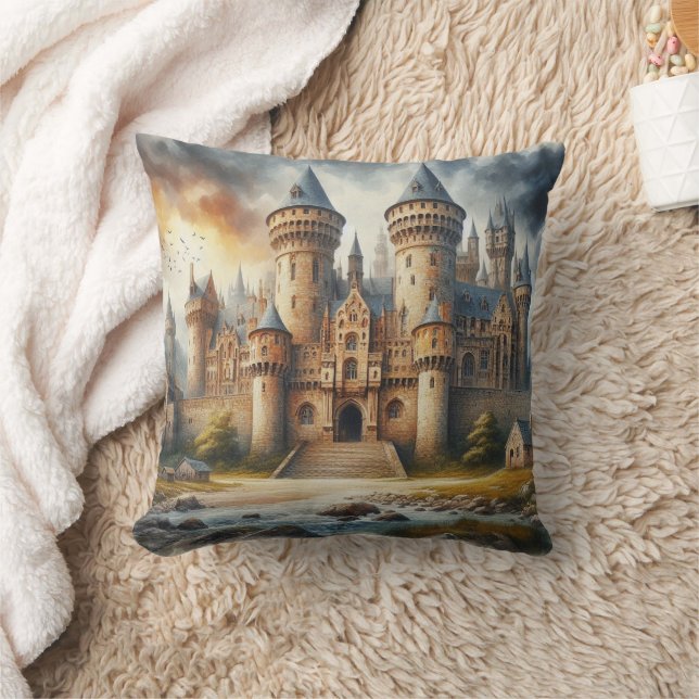 Medieval Castle at Sunset with Atmospheric Skies Throw Pillow (Blanket)