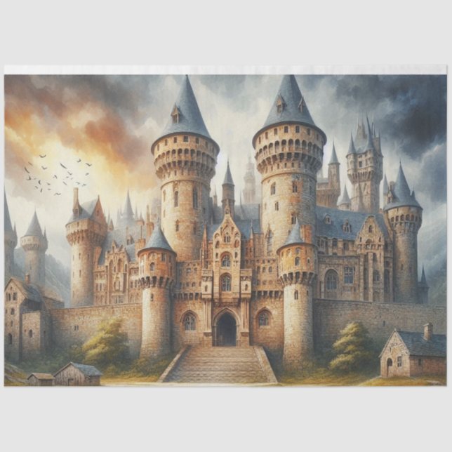 Medieval Castle at Sunset with Atmospheric Skies Tissue Paper (Front)