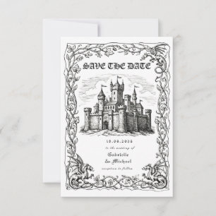 Medieval Castle Black White Illustration Save The Date