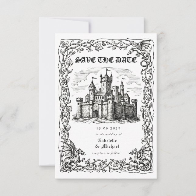 Medieval Castle Black White Illustration  Save The Date (Front)