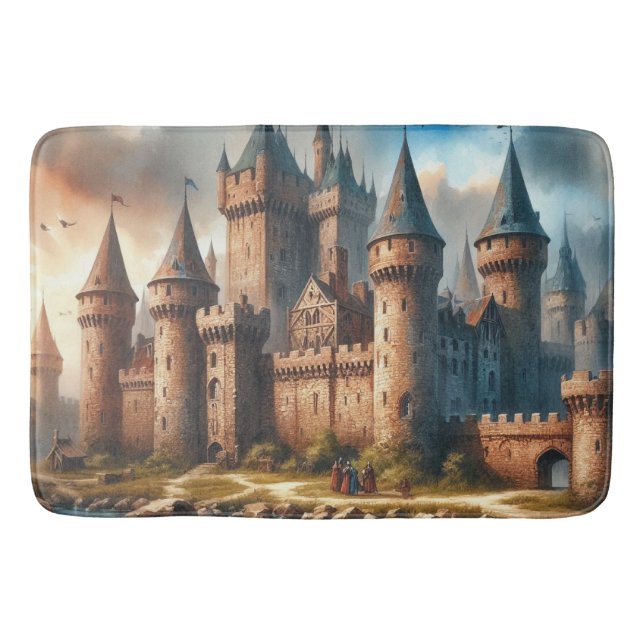 Medieval Castle by a Tranquil River at Sunset Bath Mat (Front)