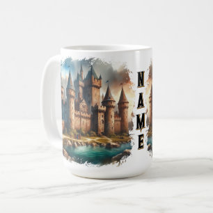 Medieval Castle by a Tranquil River at Sunset Coffee Mug