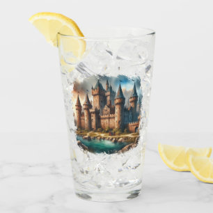 Medieval Castle by a Tranquil River at Sunset Glass