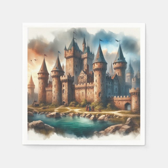 Medieval Castle by a Tranquil River at Sunset Napkin (Front)
