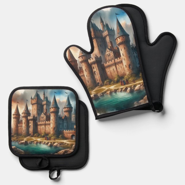 Medieval Castle by a Tranquil River at Sunset Oven Mitt & Pot Holder Set (Front/Back)