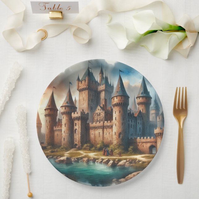 Medieval Castle by a Tranquil River at Sunset Paper Plate (Wedding)