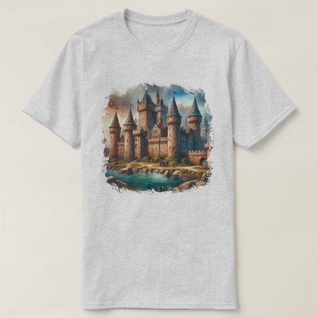 Medieval Castle by a Tranquil River at Sunset T-Shirt (Design Front)