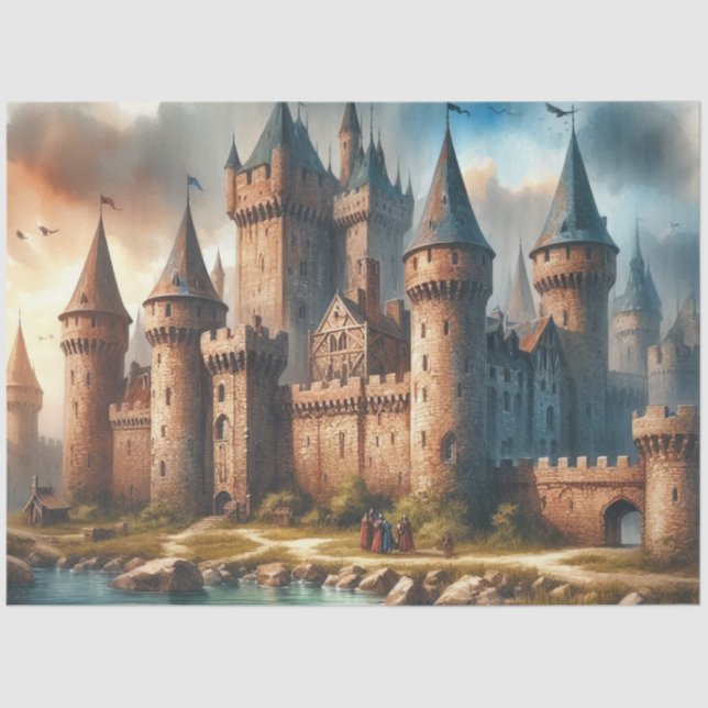 Medieval Castle by a Tranquil River at Sunset Tissue Paper (Front)