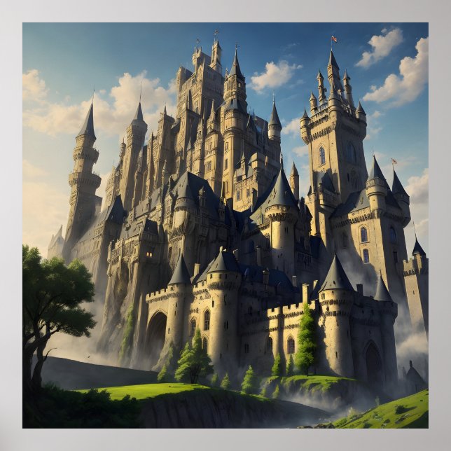 Medieval Castle Grassy Blue Sky Cloud Landscape Poster (Front)