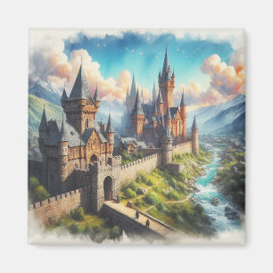 Medieval Castle in a Mountain Valley Landscape Magnet
