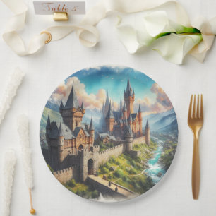 Medieval Castle in a Mountain Valley Landscape Paper Plate