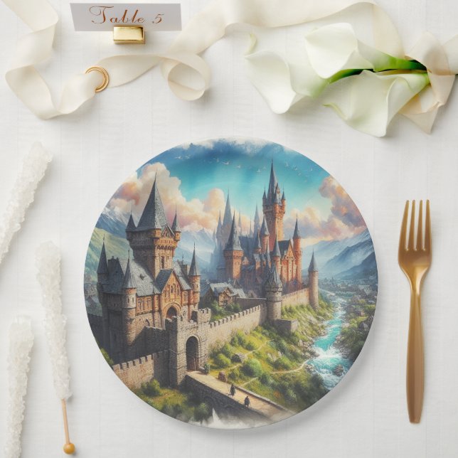 Medieval Castle in a Mountain Valley Landscape Paper Plate (Wedding)