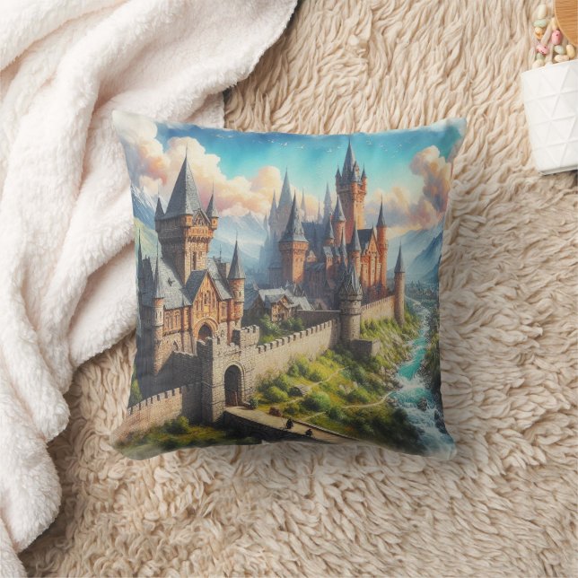 Medieval Castle in a Mountain Valley Landscape Throw Pillow (Blanket)