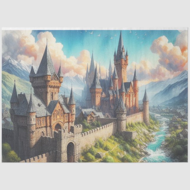 Medieval Castle in a Mountain Valley Landscape Tissue Paper (Front)