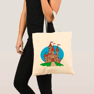 Medieval Castle on Hill with Red Flags Tote Bag