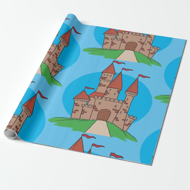 Medieval Castle on Hill with Red Flags Wrapping Paper (Unrolled)