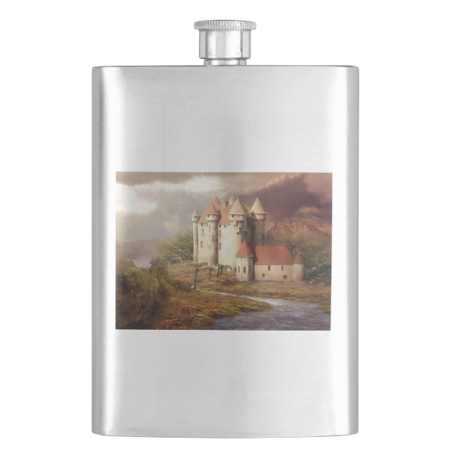 Medieval Castle River Run Hip Flask (Front)