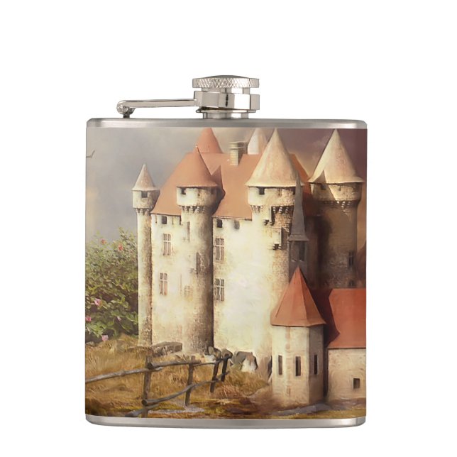 Medieval Castle River Run Hip Flask (Front)