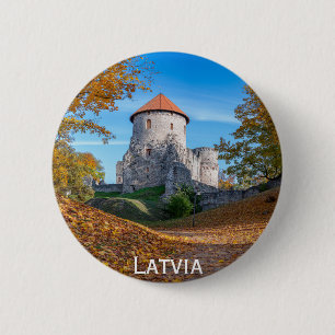 Medieval castle surrounded by forest 2 inch round button