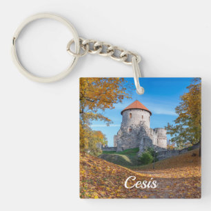 Medieval castle surrounded by forest keychain