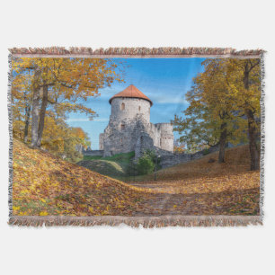 Medieval castle surrounded by forest throw blanket