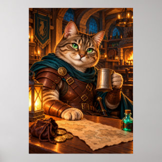 Medieval Cat Adventurer in a Cozy Tavern Poster