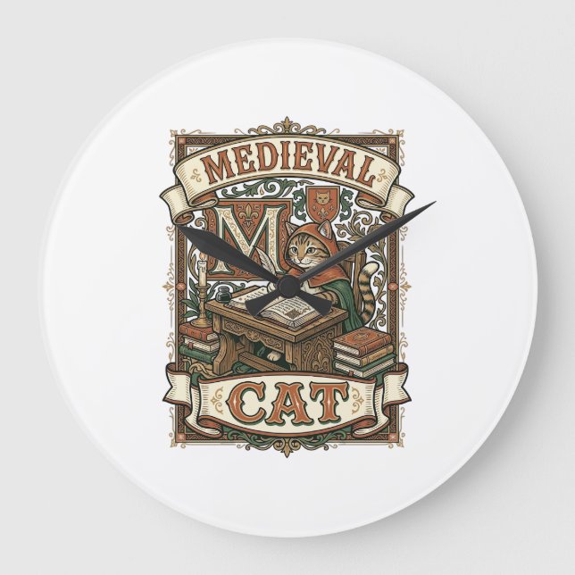 Medieval Cat Cat Medieval Manuscript Vintage Large Clock (Front)