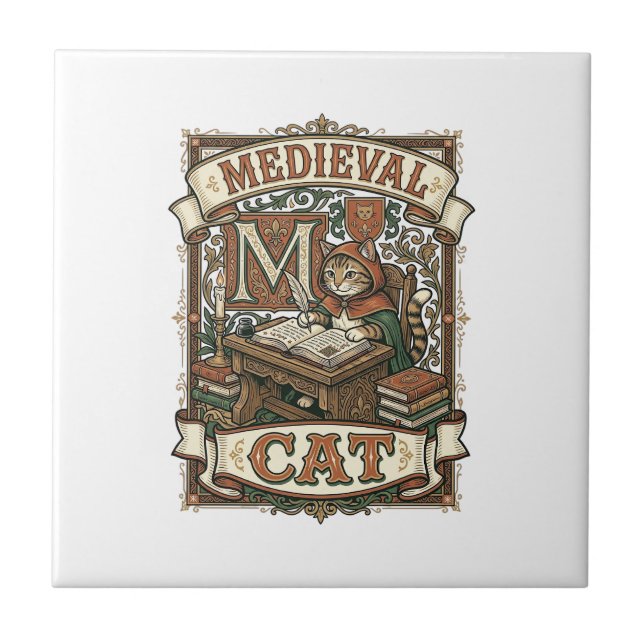 Medieval Cat Cat Medieval Manuscript Vintage Tile (Front)