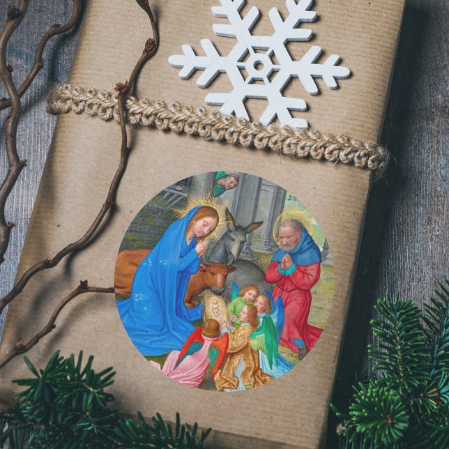 Medieval Catholic Christian Christmas Nativity Classic Round Sticker (Catholic Christian Christmas Nativity Scene from Medieval Illuminated Manuscript Round Gift Sticker)