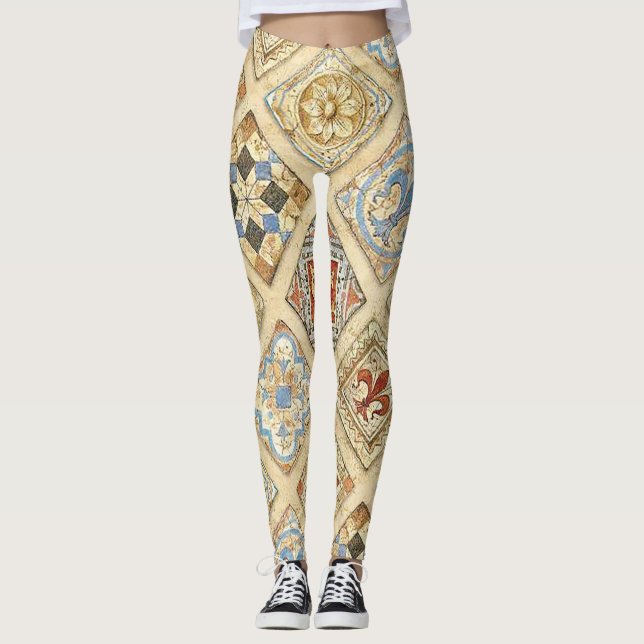 Medieval Ceramic Tile Crowns Fleur De Lis Leggings (Front)