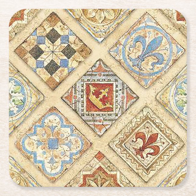 Medieval Ceramic Tile Crowns Fleur De Lis Square Paper Coaster (Front)