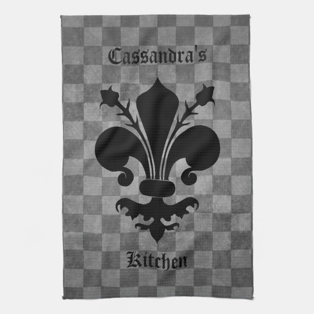 Medieval chequerboard fleur de lis kitchen towel (Vertical)