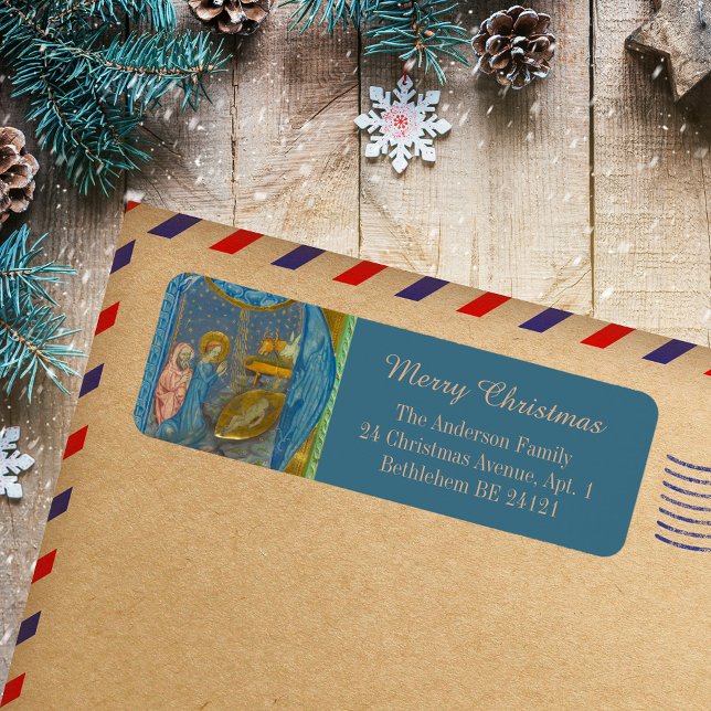 Medieval Christian Nativity Scene Merry Christmas (Medieval Manuscript Religious Christian Catholic Nativity Scene Merry Christmas Return Address Label)