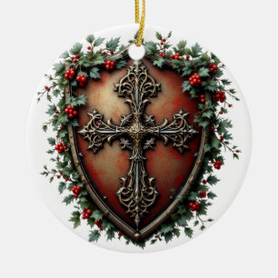 Medieval Christmas Shield with Gothic Cross  Ceramic Ornament
