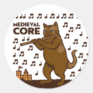 Medieval Core Funny Cat Playing Flute Art Classic Round Sticker