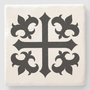 Medieval cross and fleur de lis symbols stone coaster